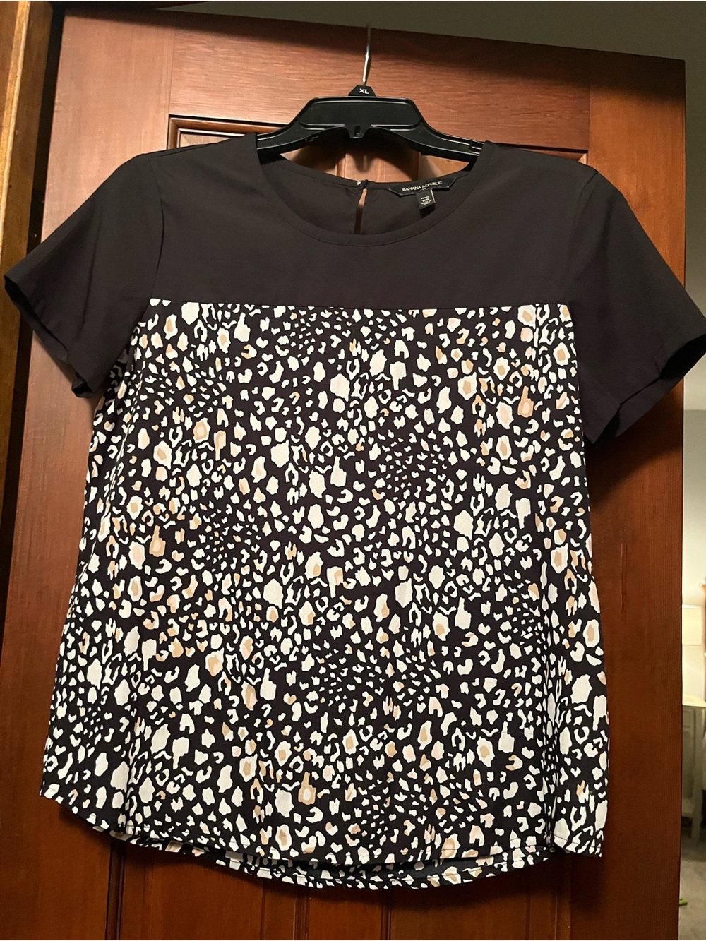 Black and Cream Animal Print Short Sleeve Blouse